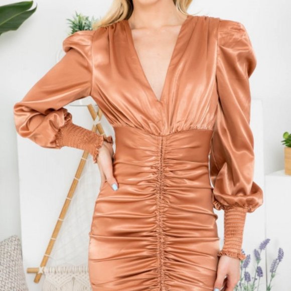 TAN SATIN BODYCON RUCHED LONG SLEEVED DRESS - Picture 3 of 4